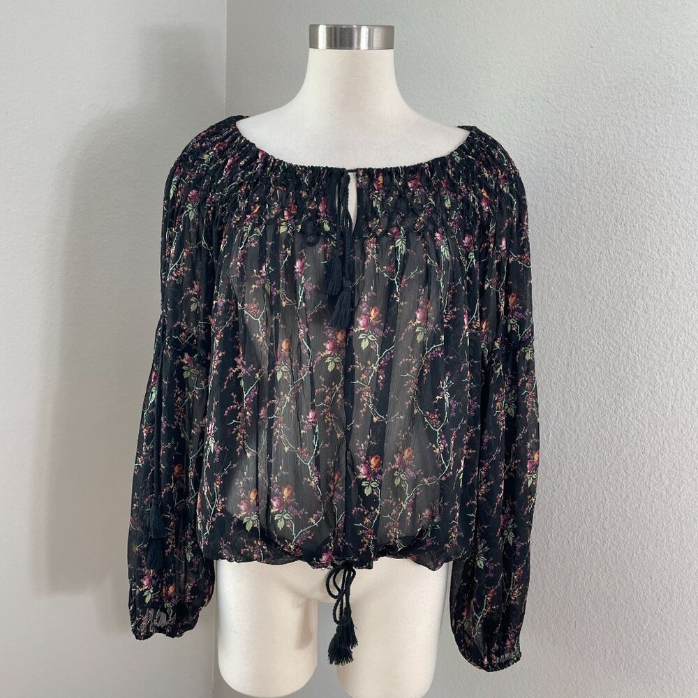 Denim & Supply Ralph Lauren Womens Large Floralâ Peasant Blouse Tassel Boho Top